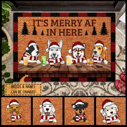It's Merry Af In Here, Pine Tree, Personalized Christmas Dog Breeds Doormat, Christmas House Decor